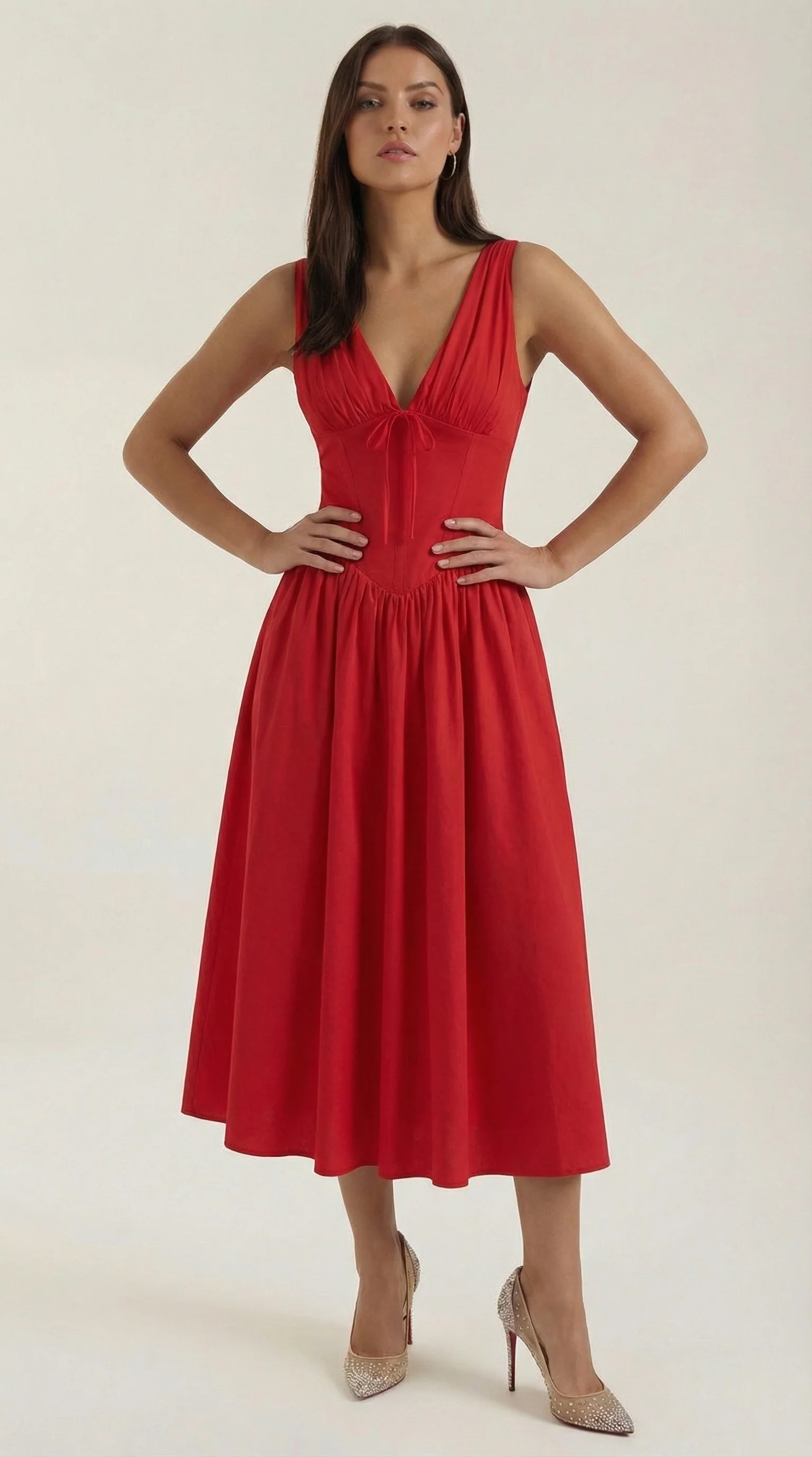 Robe Midi Élégante Femme – Décolleté en V Style Corset Évasé à Bretelles - Image 26