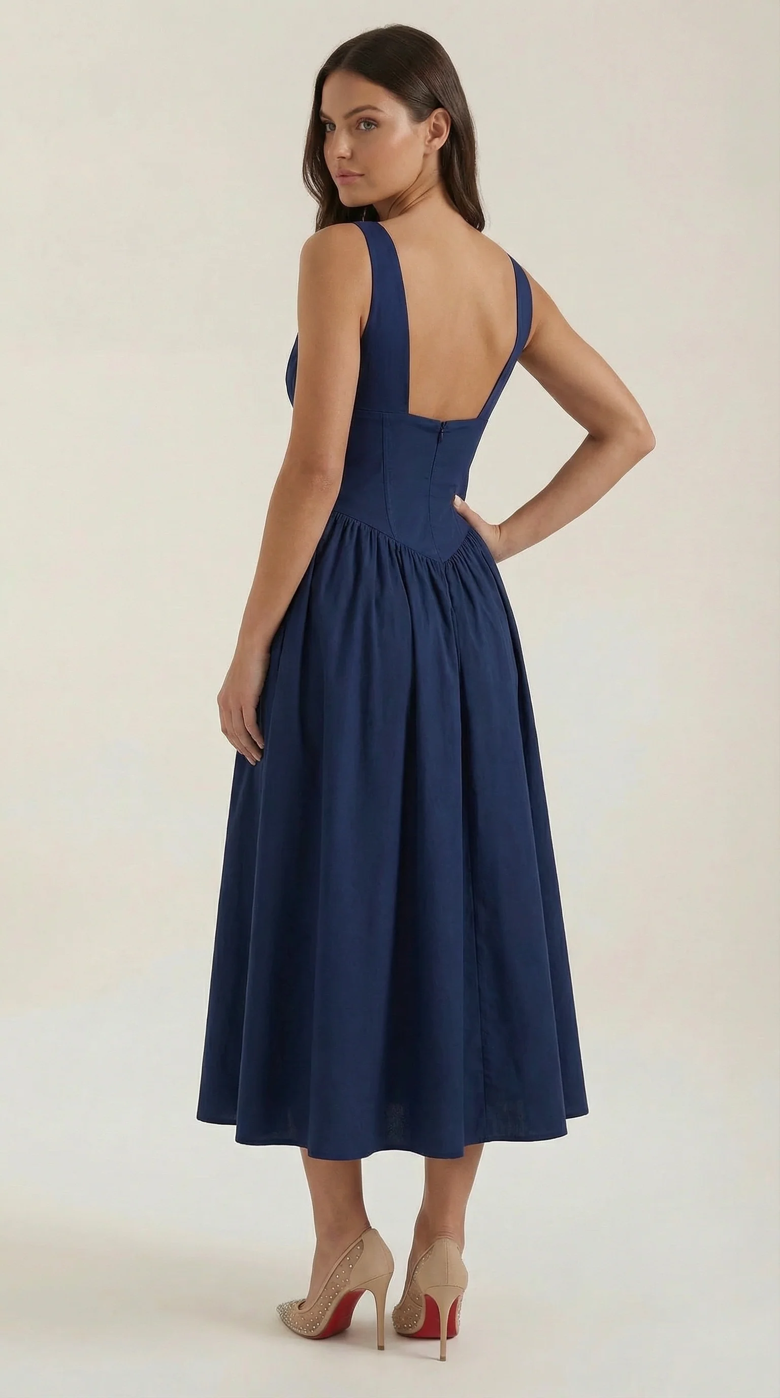 Robe Midi Élégante Femme – Décolleté en V Style Corset Évasé à Bretelles - Image 4
