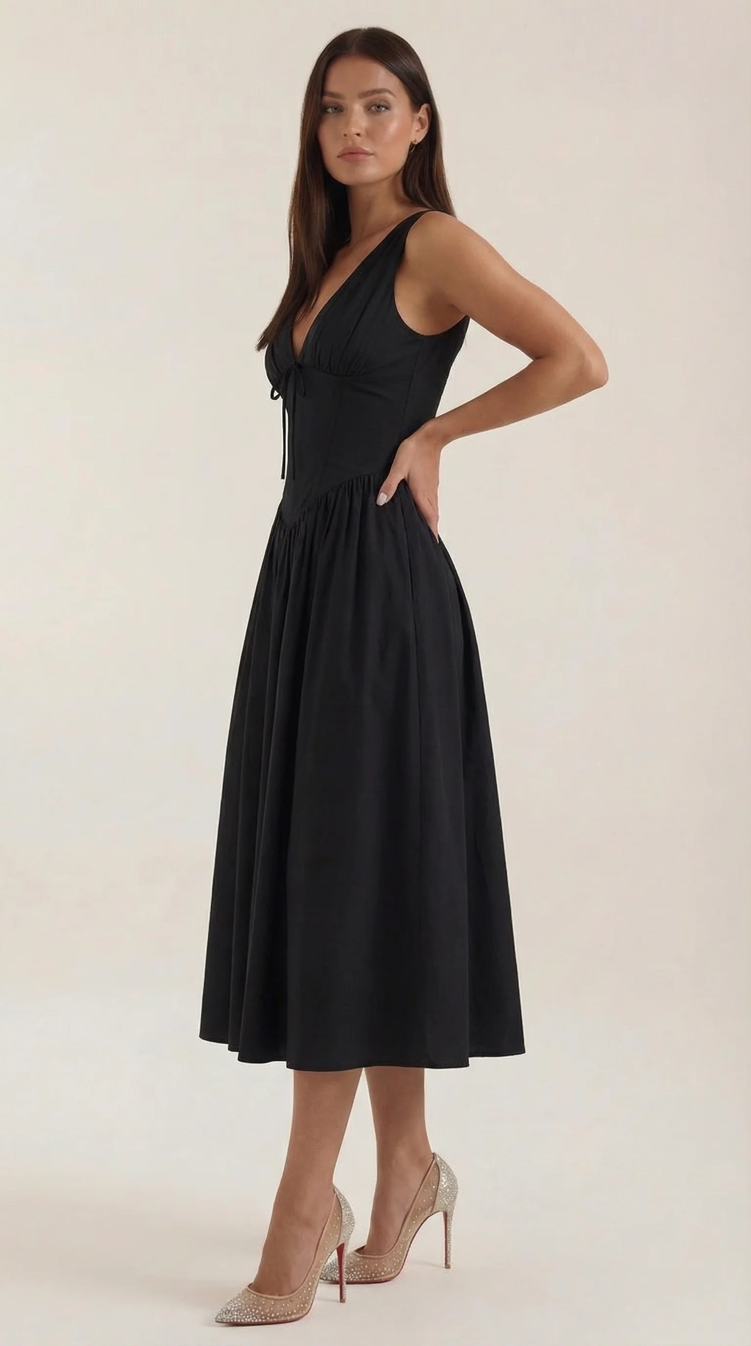 Robe Midi Élégante Femme – Décolleté en V Style Corset Évasé à Bretelles - Image 6
