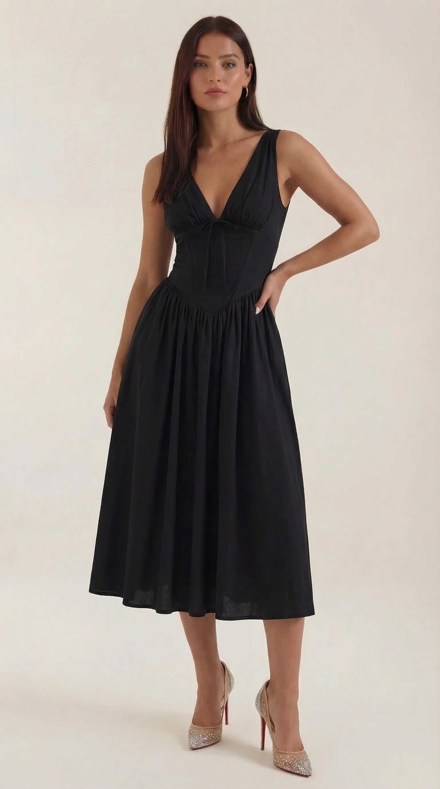 Robe Midi Élégante Femme – Décolleté en V Style Corset Évasé à Bretelles - Image 7