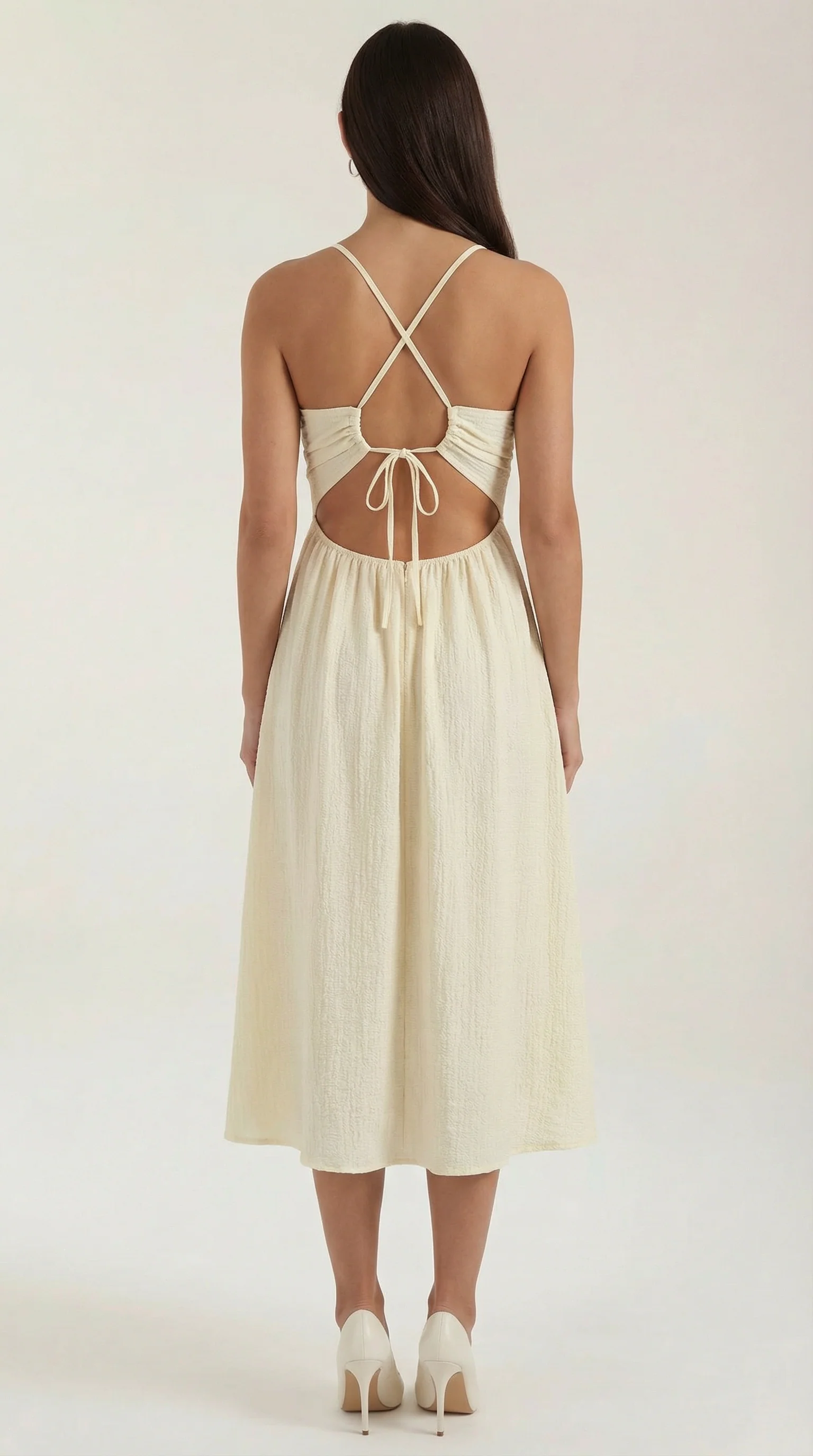 Robe Midi Élégante Femme – Découpe Avec Fente Haute Beige Fluide - Image 4