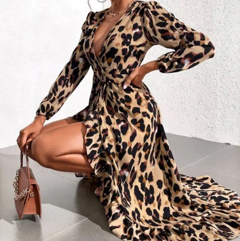Robe Midi Élégante Femme Imprimé Léopard – Col V Style Maxi Portefeuille - Image 7