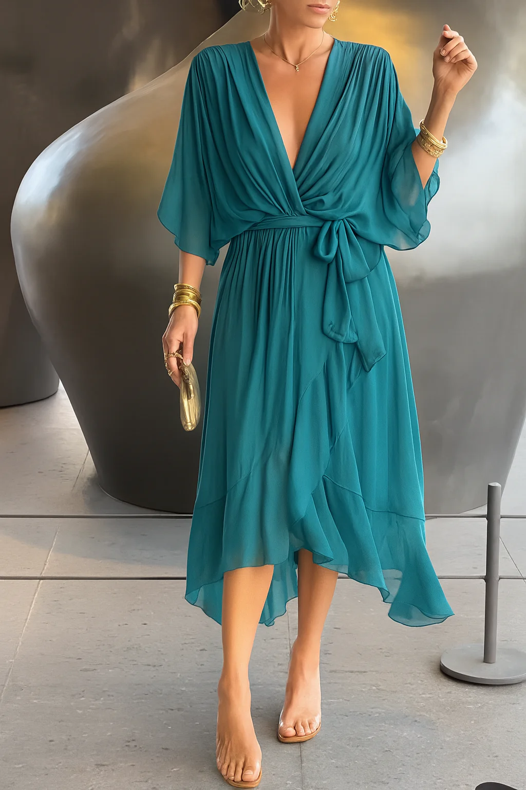 Robe Midi Élégante Femme Portefeuille – Col V en Chiffon avec Ourlet Asymétrique - Image 2