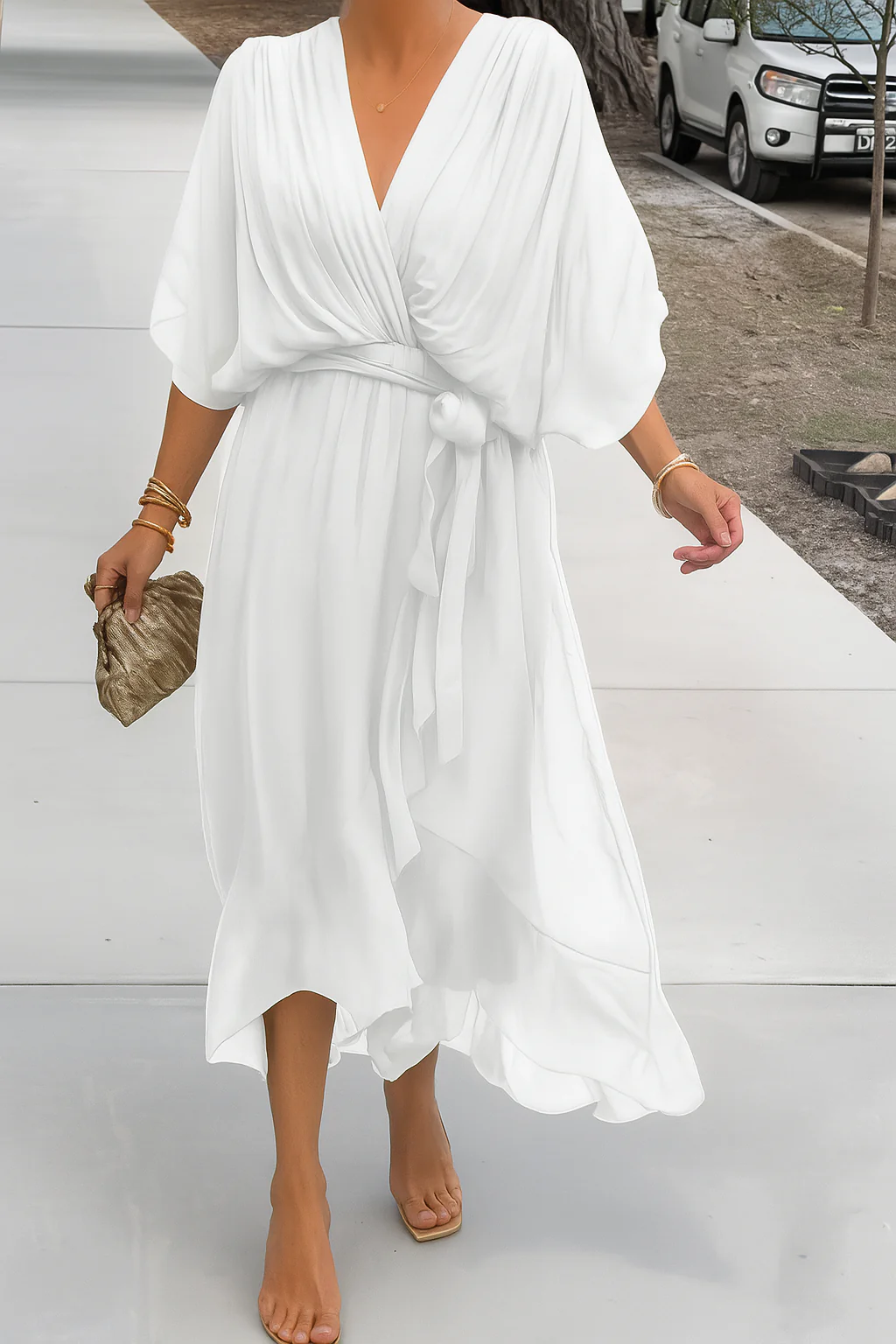 Robe Midi Élégante Femme Portefeuille – Col V en Chiffon avec Ourlet Asymétrique - Image 6