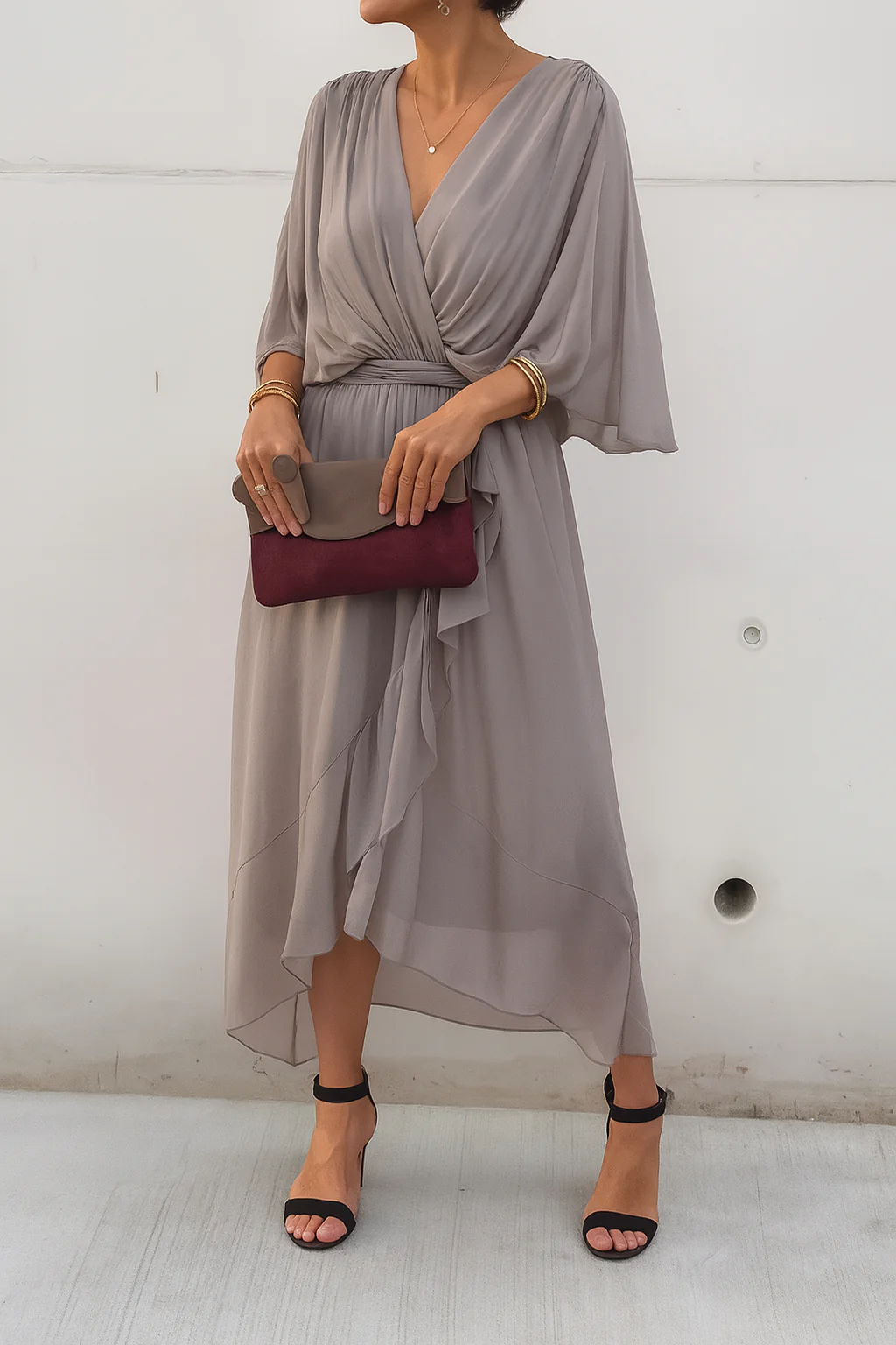 Robe Midi Élégante Femme Portefeuille – Col V en Chiffon avec Ourlet Asymétrique - Image 8