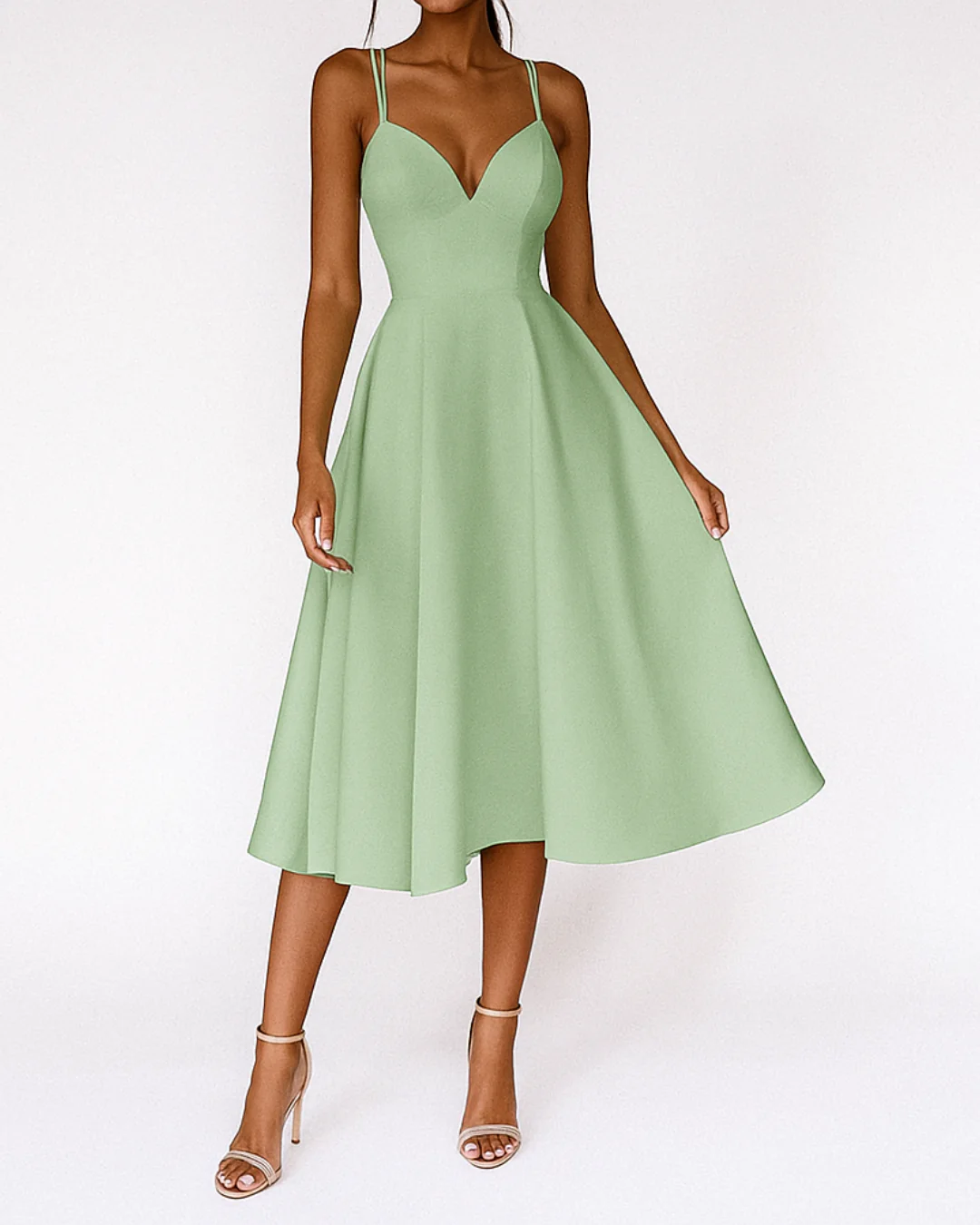 Robe Midi Élégante pour Invitée de Mariage Femme – Robe Flare Plissée à Décolleté V et Bretelles - Image 6