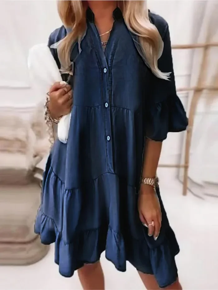 Robe Midi en Denim à Volants Femme – Coupe Décontractée à Col Haut - Image 4