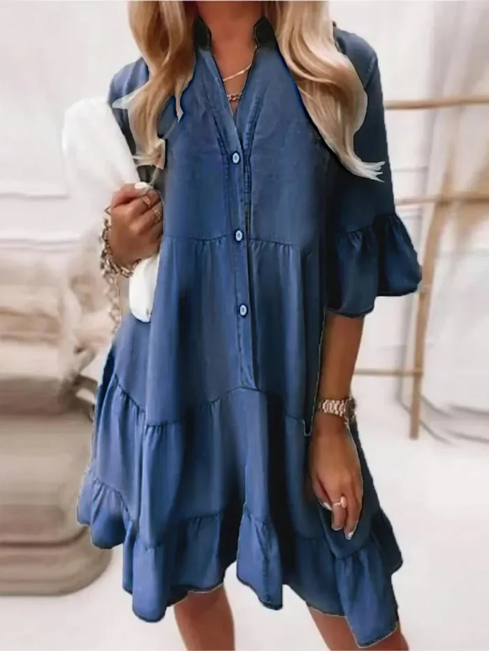 Robe Midi en Denim à Volants Femme – Coupe Décontractée à Col Haut - Image 6