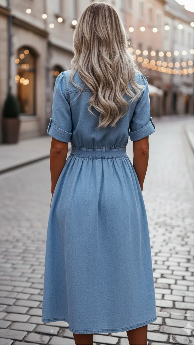 Robe midi en denim bleu élégante pour femmes – Tenue chemise ceinturée - Image 4