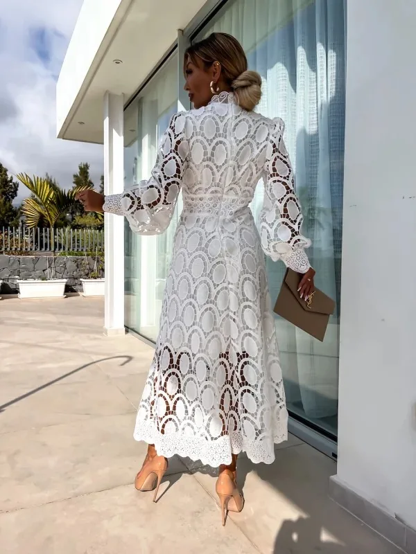 Robe Midi en Dentelle Blanche Élégante Femme – Manches Longues Coupe A-Line - Image 3