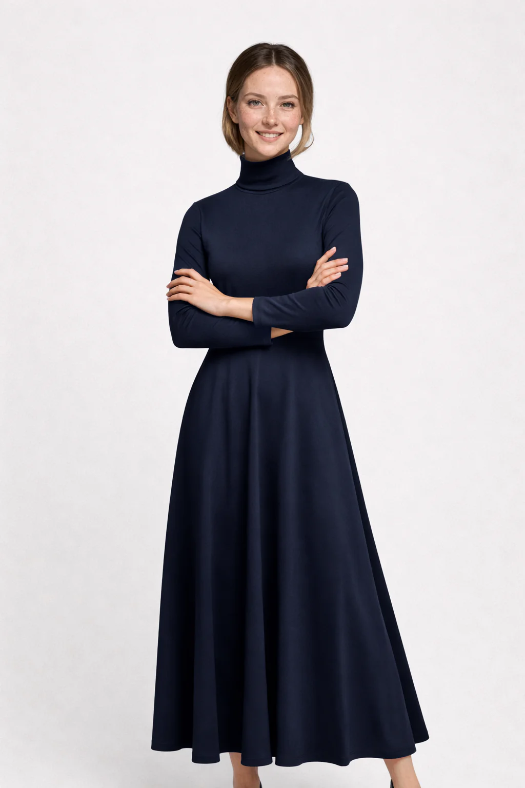 Robe Midi en Maille Bleu Marine Femme – Élégante Coupe A avec Col Montant et Manches Longues