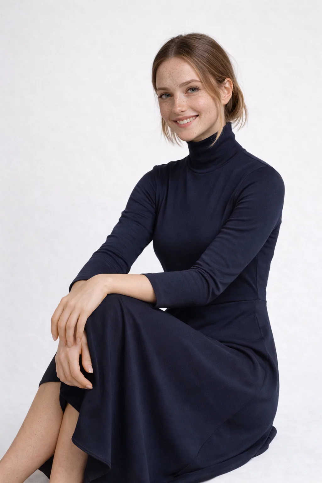 Robe Midi en Maille Bleu Marine Femme – Élégante Coupe A avec Col Montant et Manches Longues - Image 3