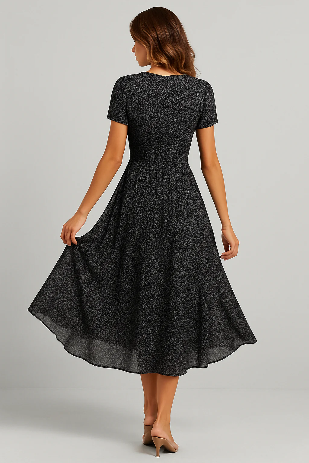 Robe Midi Évasée Élégante Femme – Manches Courtes Col V Style - Image 2