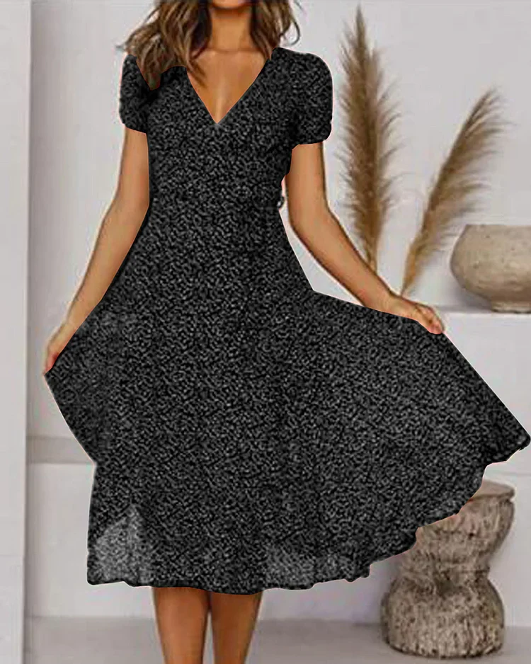 Robe Midi Évasée Élégante Femme – Manches Courtes Col V Style - Image 3