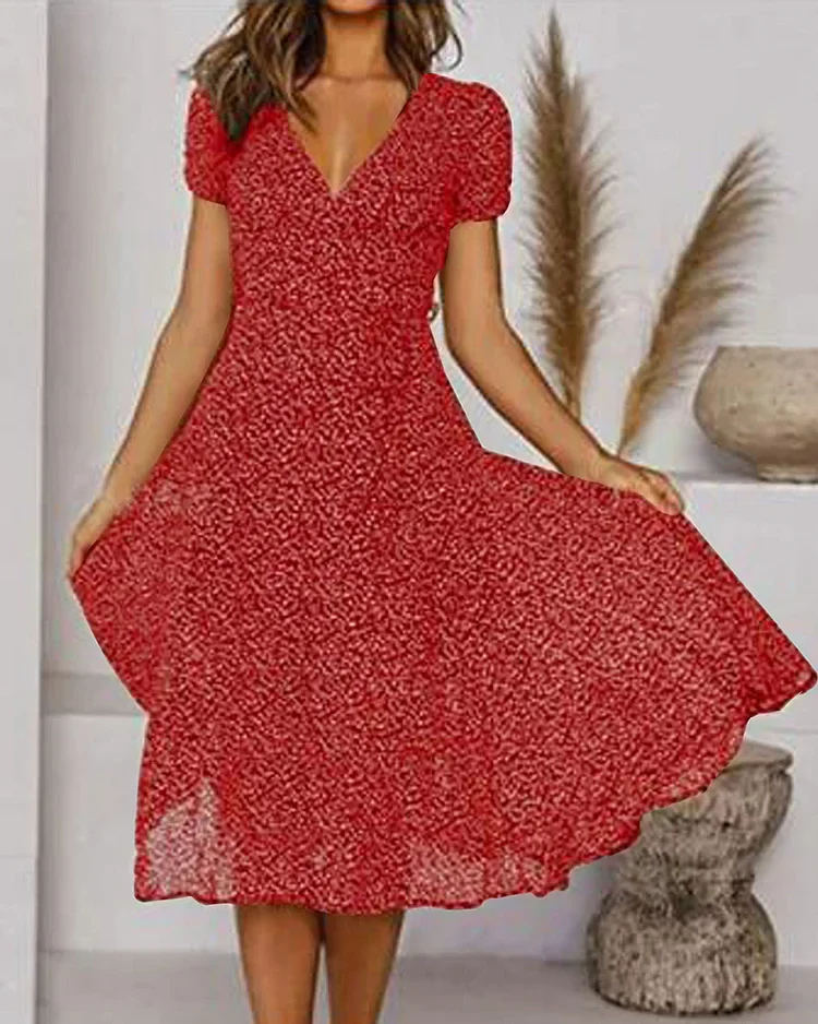 Robe Midi Évasée Élégante Femme – Manches Courtes Col V Style - Image 5