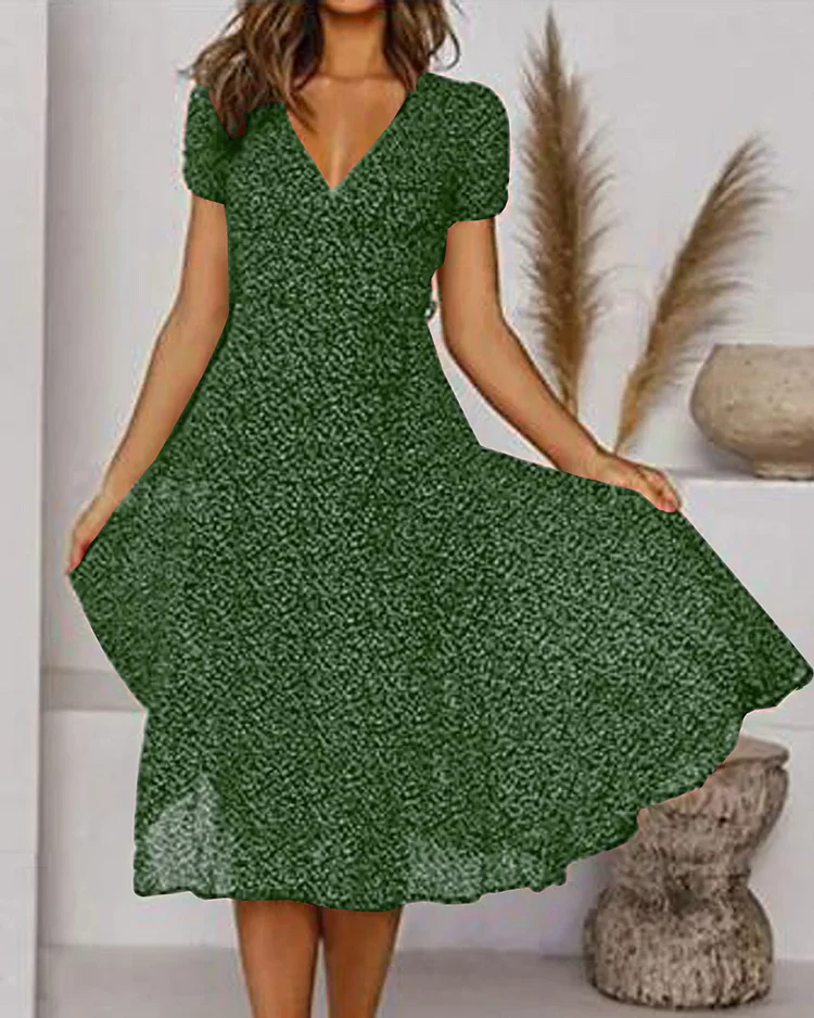 Robe Midi Évasée Élégante Femme – Manches Courtes Col V Style - Image 6