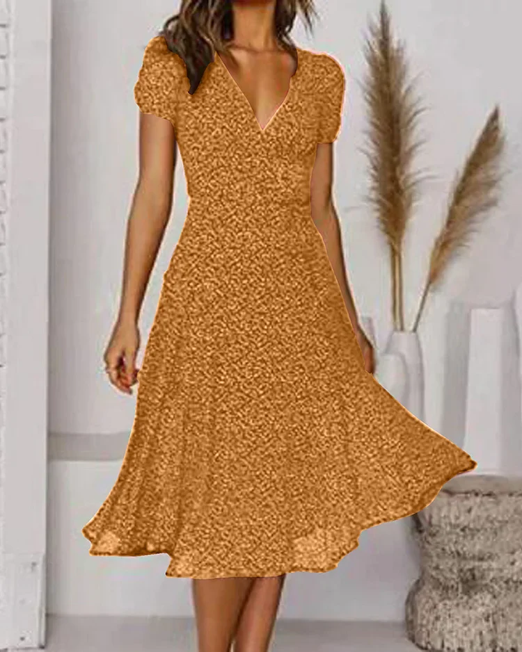 Robe Midi Évasée Élégante Femme – Manches Courtes Col V Style - Image 7