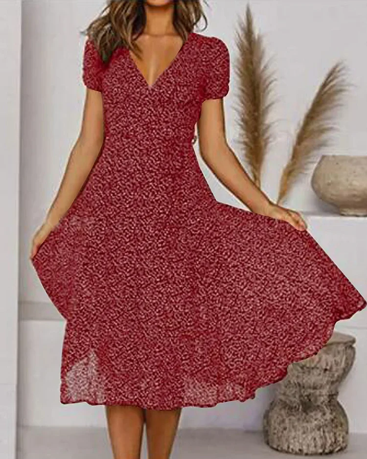 Robe Midi Évasée Élégante Femme – Manches Courtes Col V Style - Image 9