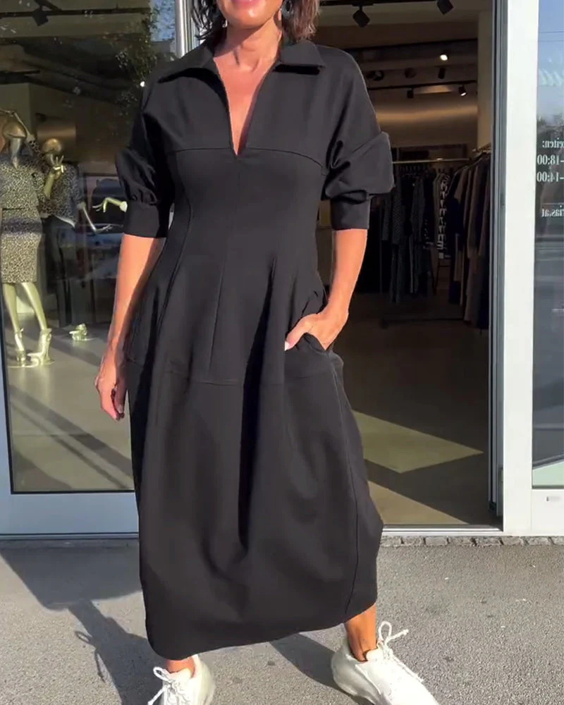Robe Midi Femme à Col et Décolleté V – Coupe Élégante et Décontractée avec Poches pour un Confort Quotidien