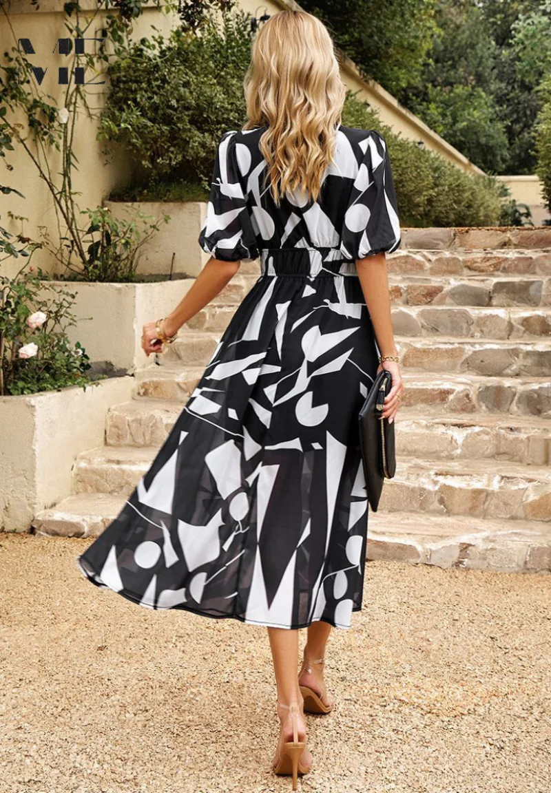 Robe Midi Femme à Imprimé Abstrait Coloré – Robe Bohème Col V - Image 10