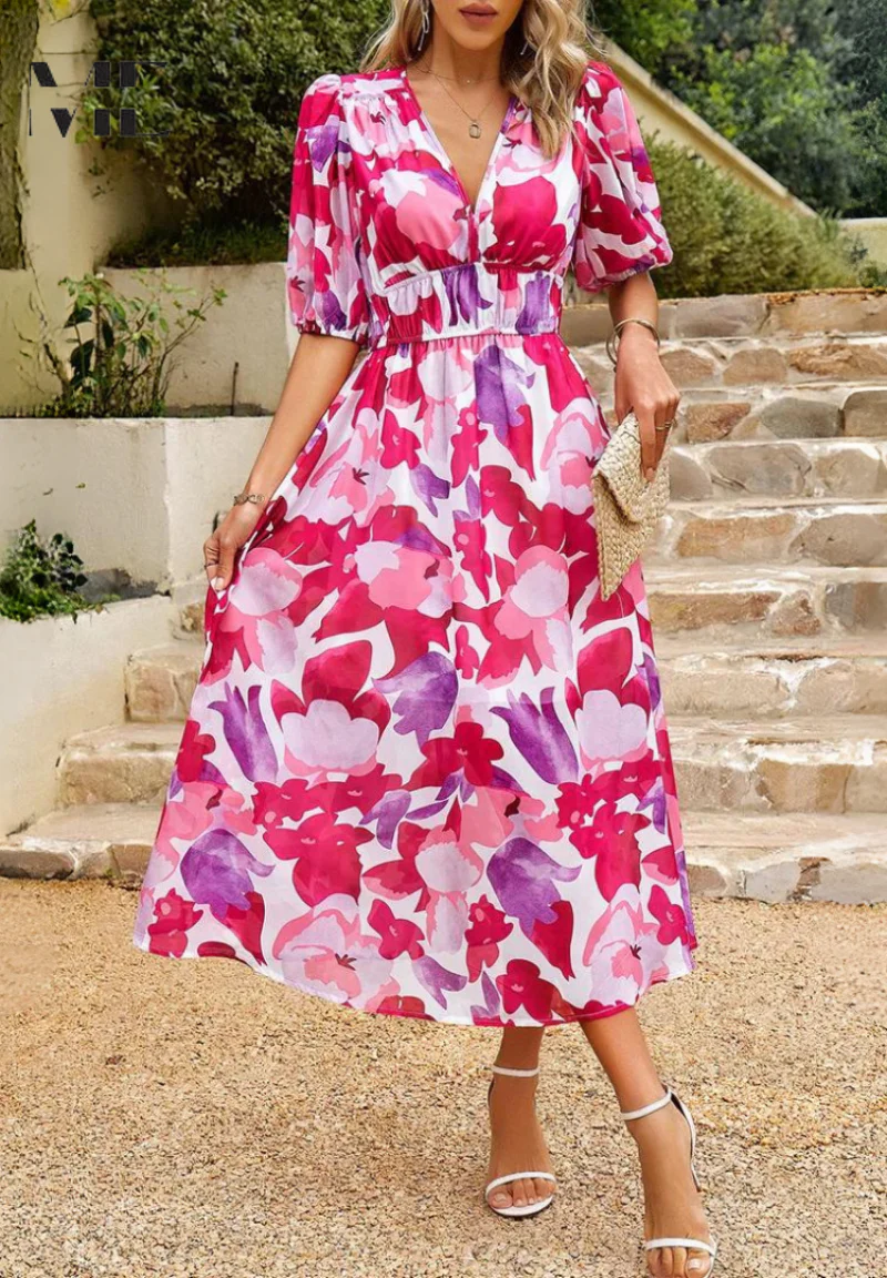 Robe Midi Femme à Imprimé Abstrait Coloré – Robe Bohème Col V - Image 13