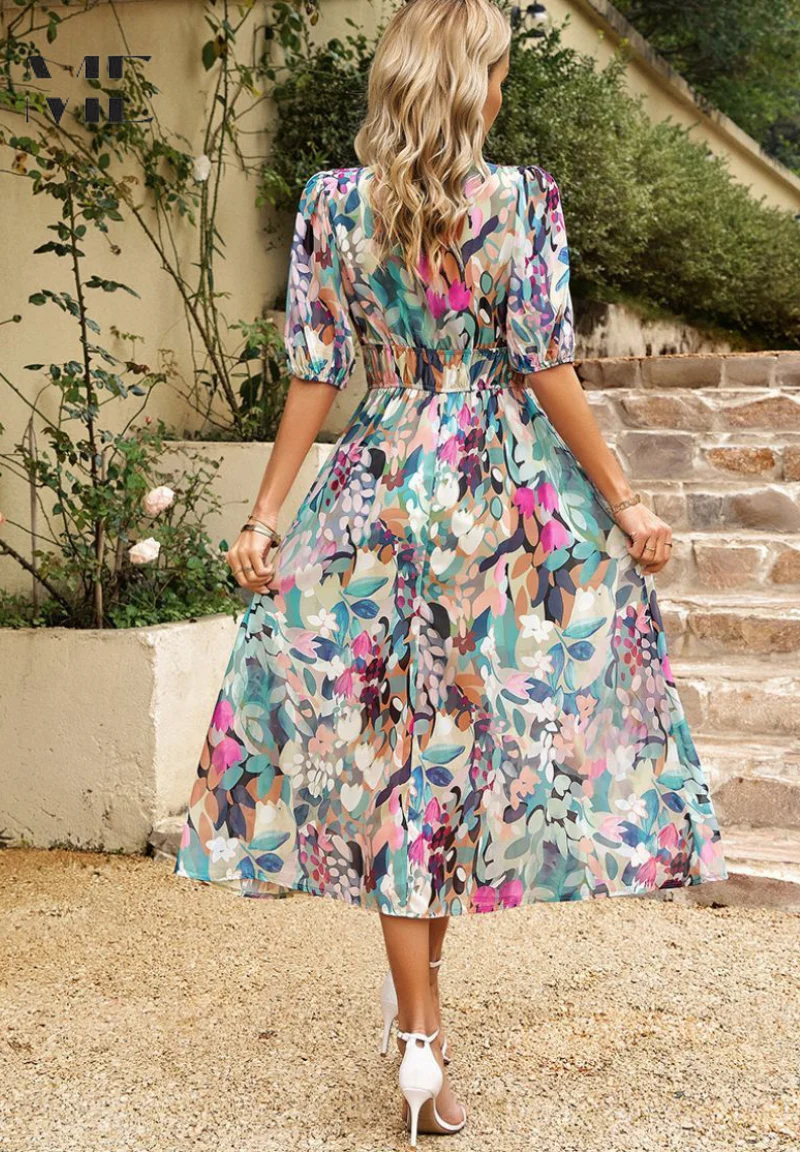 Robe Midi Femme à Imprimé Abstrait Coloré – Robe Bohème Col V - Image 2