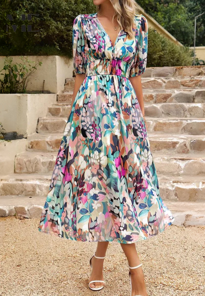 Robe Midi Femme à Imprimé Abstrait Coloré – Robe Bohème Col V - Image 3