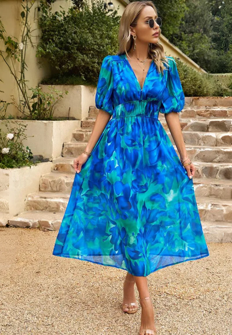 Robe Midi Femme à Imprimé Abstrait Coloré – Robe Bohème Col V - Image 5