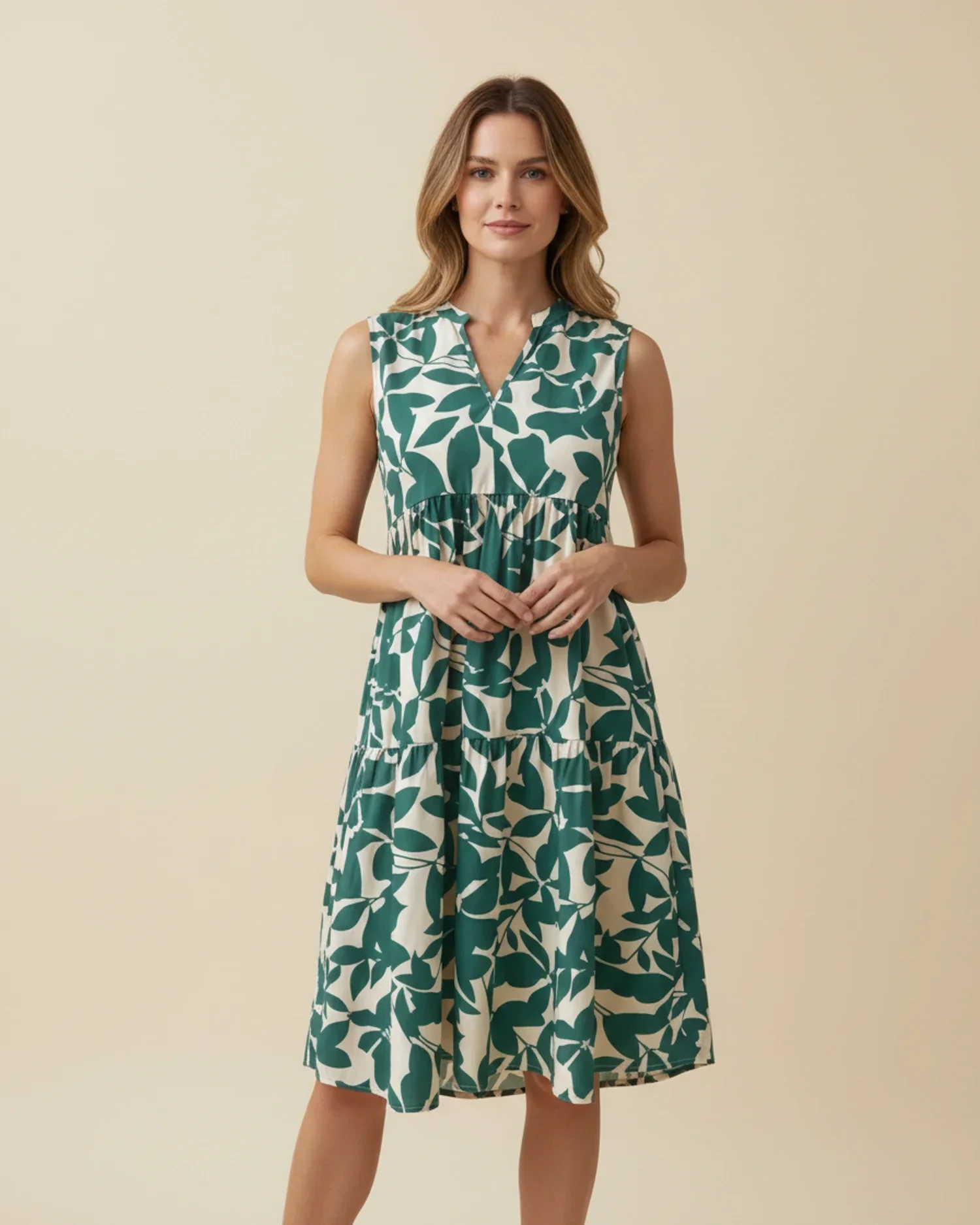 Robe Midi Femme A-Ligne Sans Manches – Imprimé Feuillage Élégant