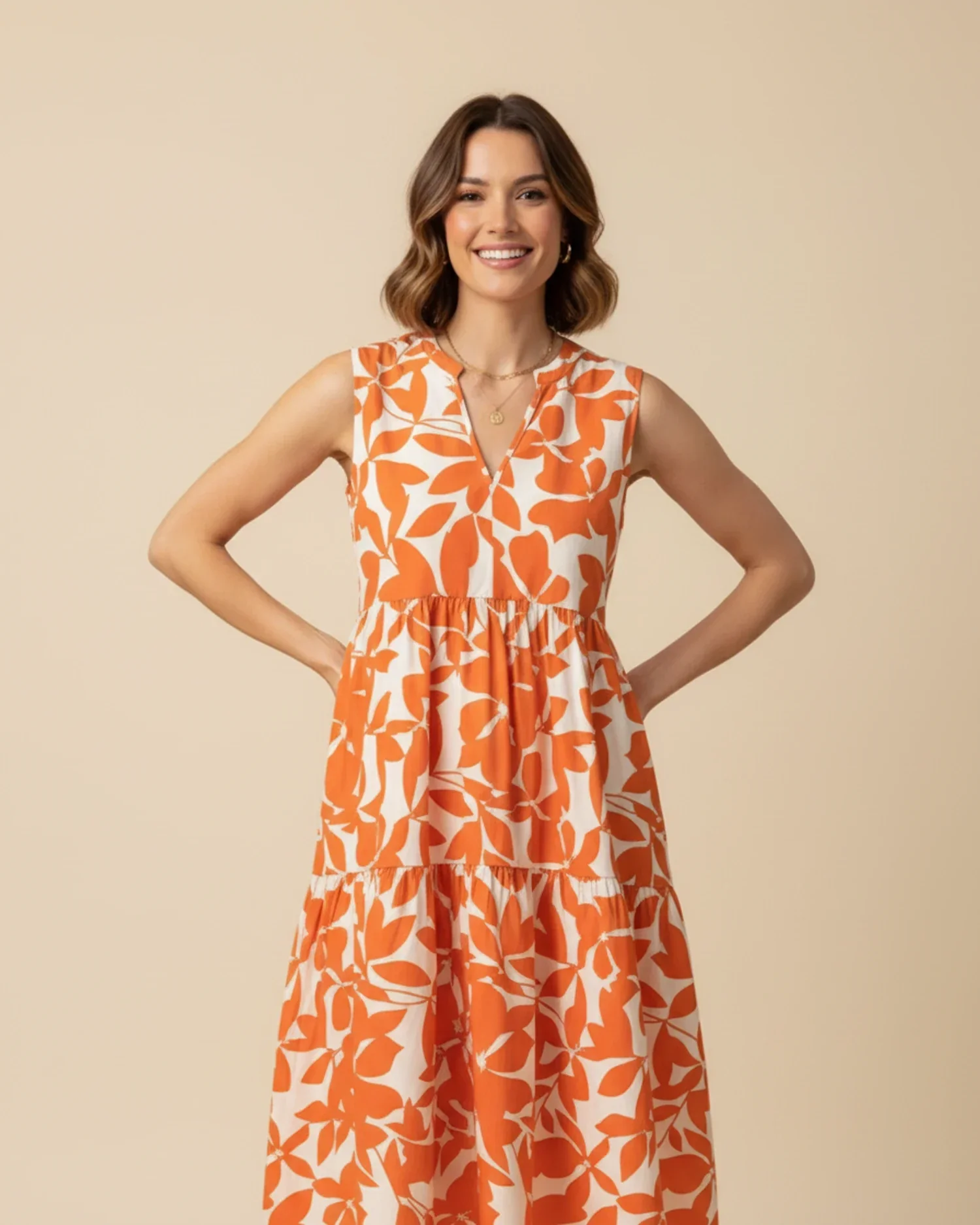 Robe Midi Femme A-Ligne Sans Manches – Imprimé Feuillage Élégant - Image 10