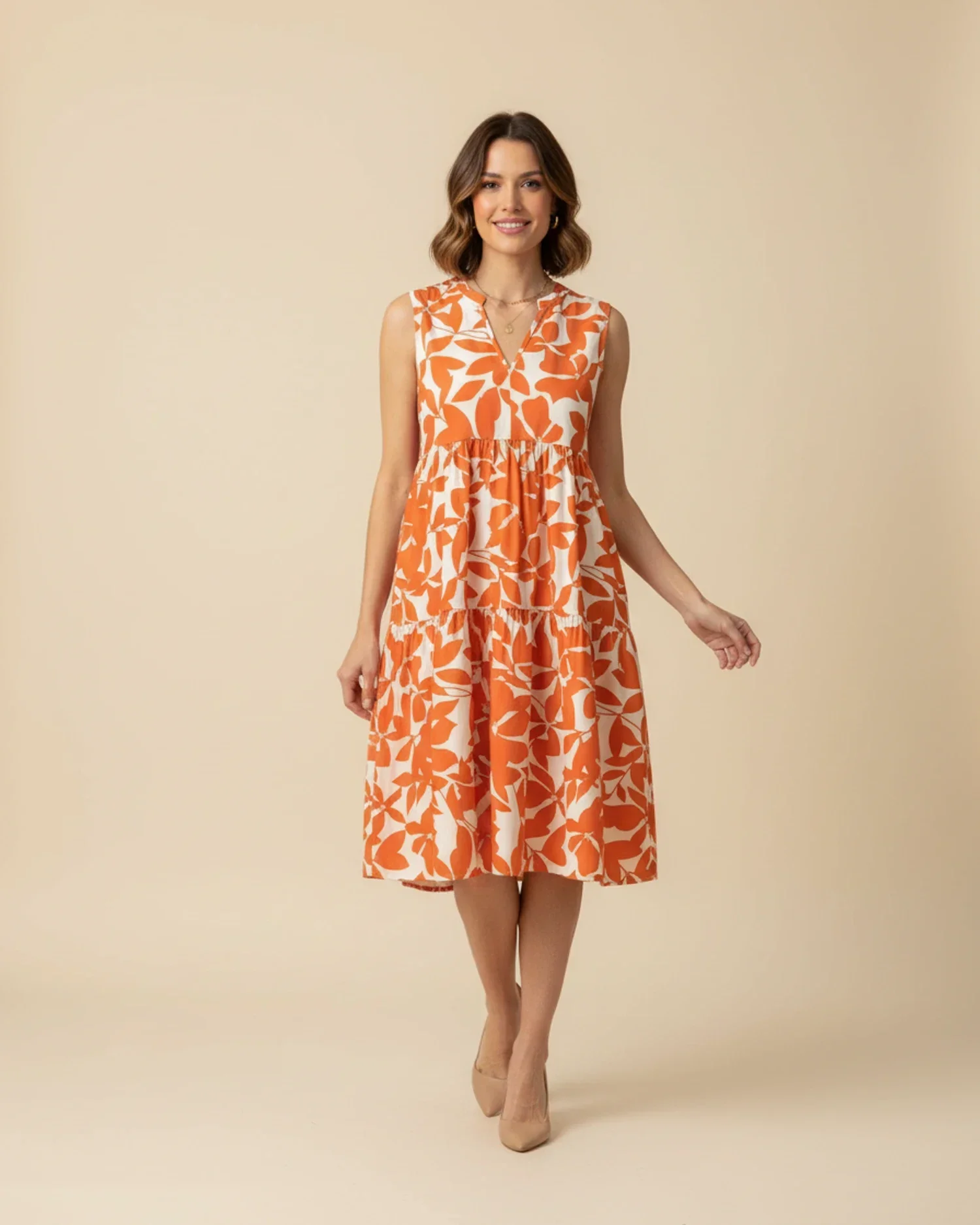 Robe Midi Femme A-Ligne Sans Manches – Imprimé Feuillage Élégant - Image 11