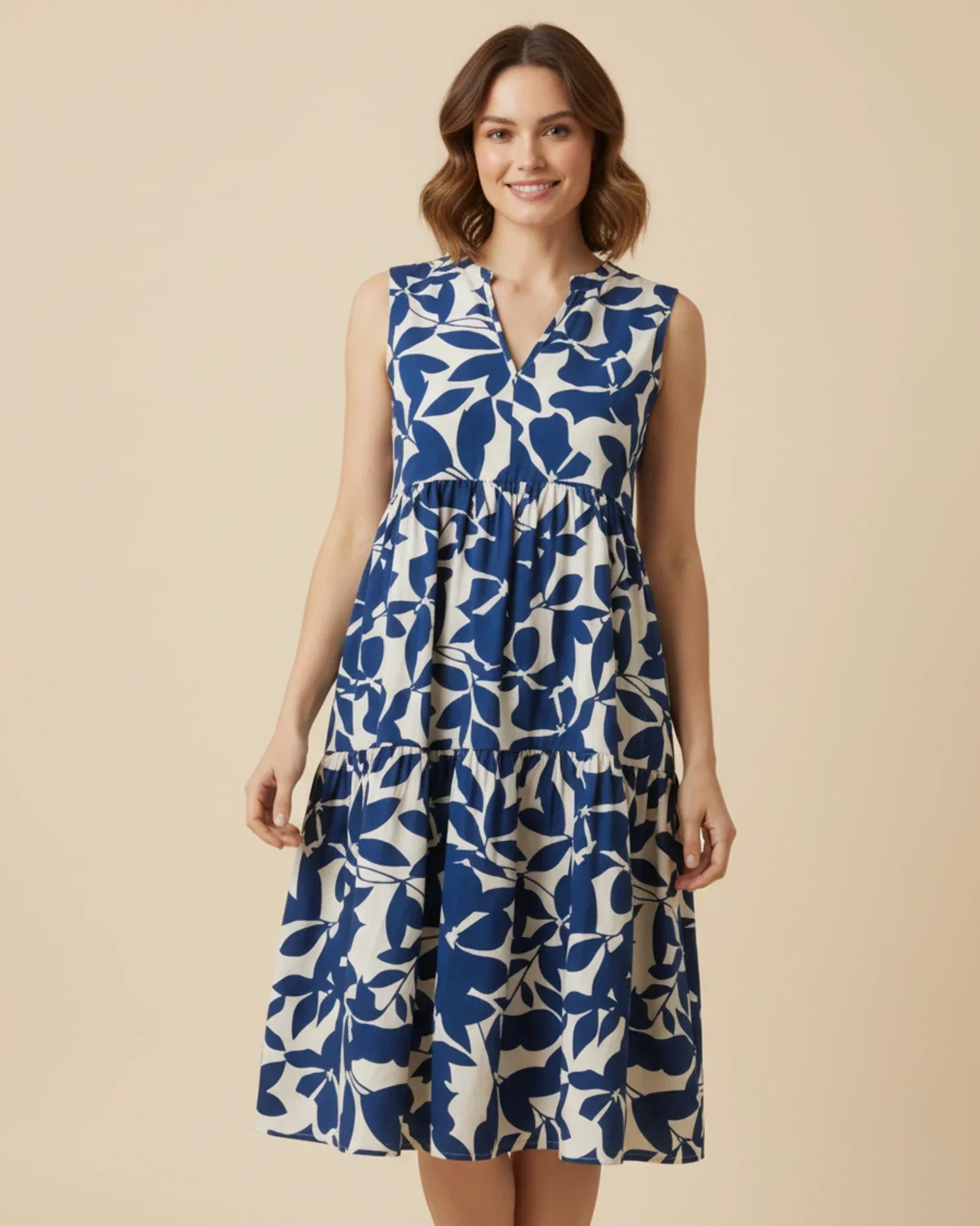 Robe Midi Femme A-Ligne Sans Manches – Imprimé Feuillage Élégant - Image 3