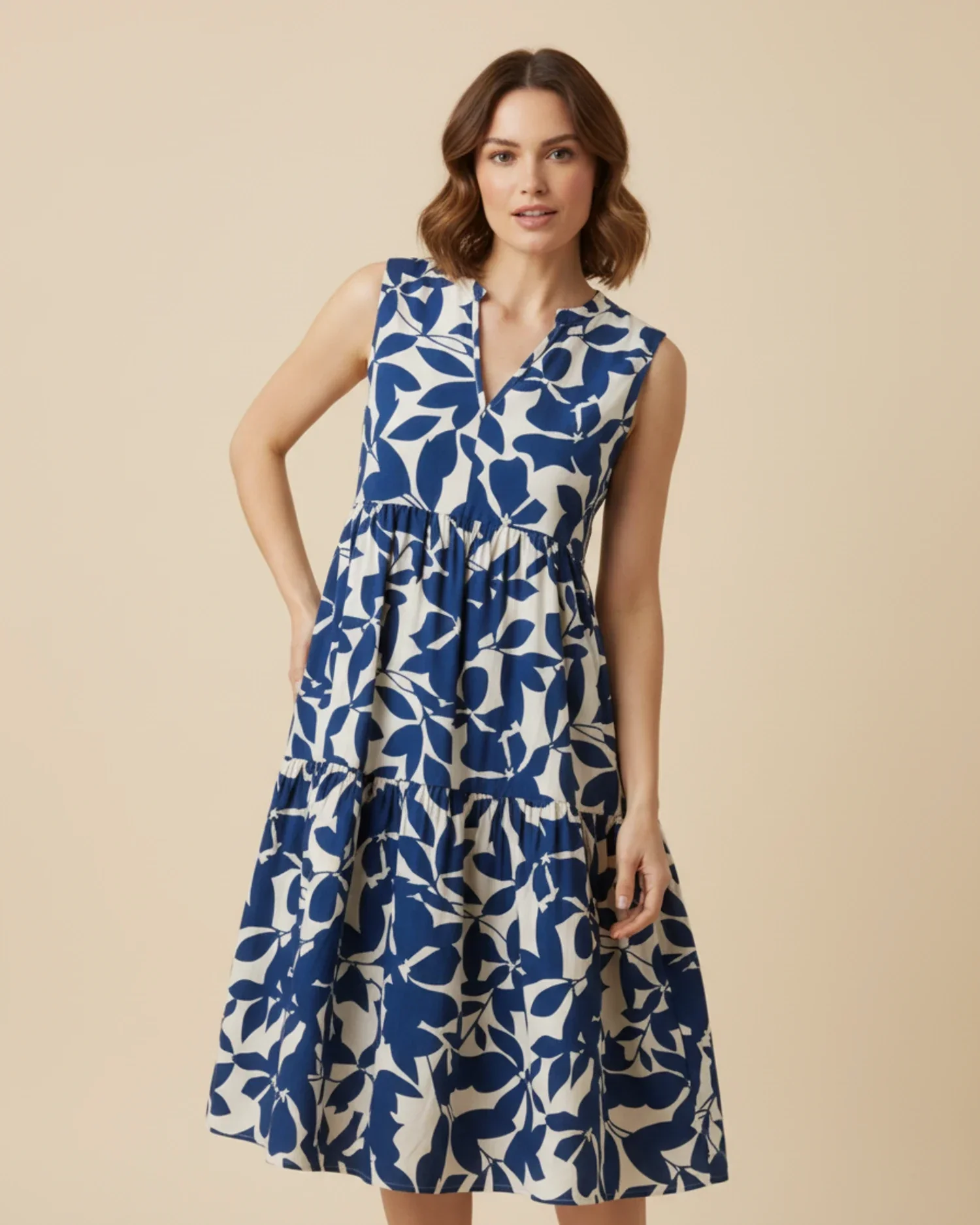 Robe Midi Femme A-Ligne Sans Manches – Imprimé Feuillage Élégant - Image 4