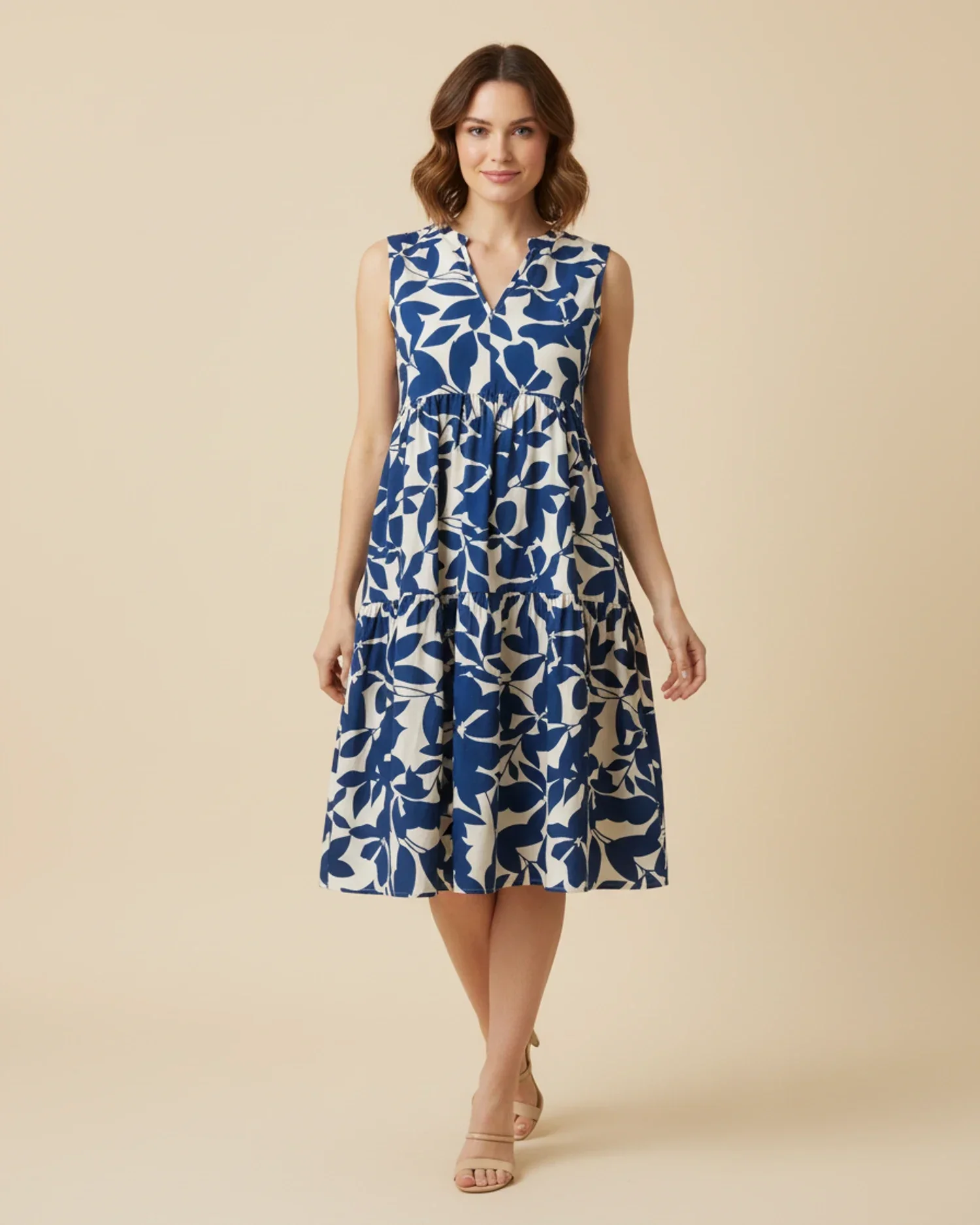 Robe Midi Femme A-Ligne Sans Manches – Imprimé Feuillage Élégant - Image 5