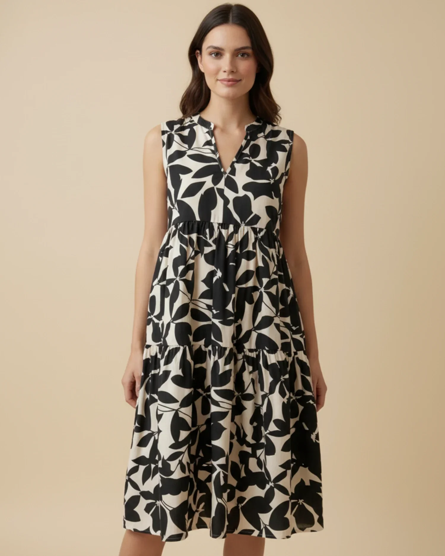 Robe Midi Femme A-Ligne Sans Manches – Imprimé Feuillage Élégant - Image 6