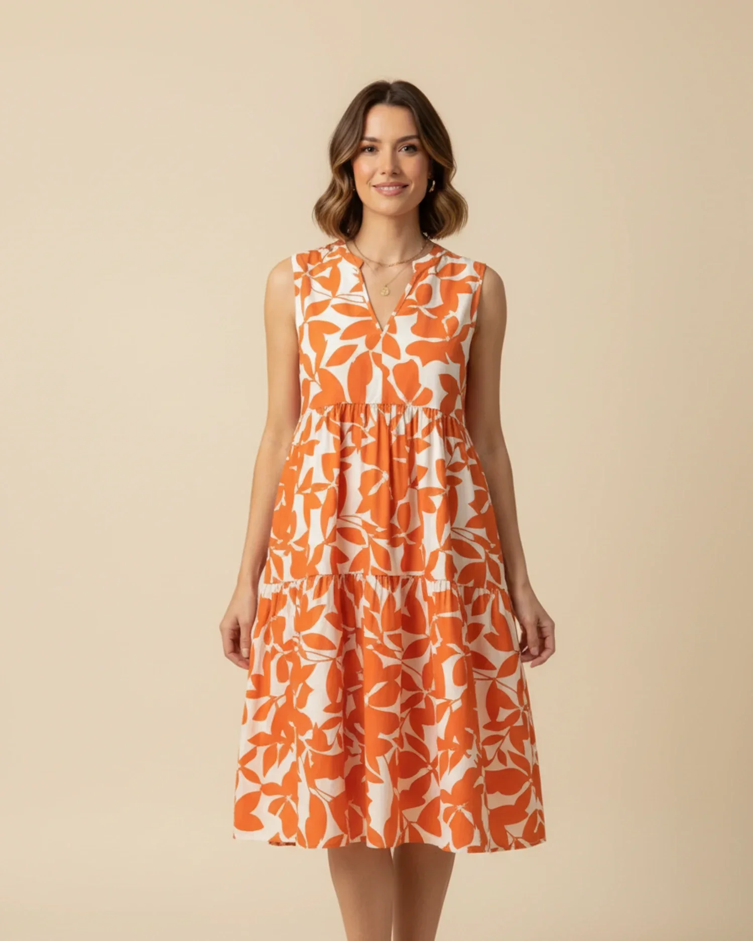 Robe Midi Femme A-Ligne Sans Manches – Imprimé Feuillage Élégant - Image 9