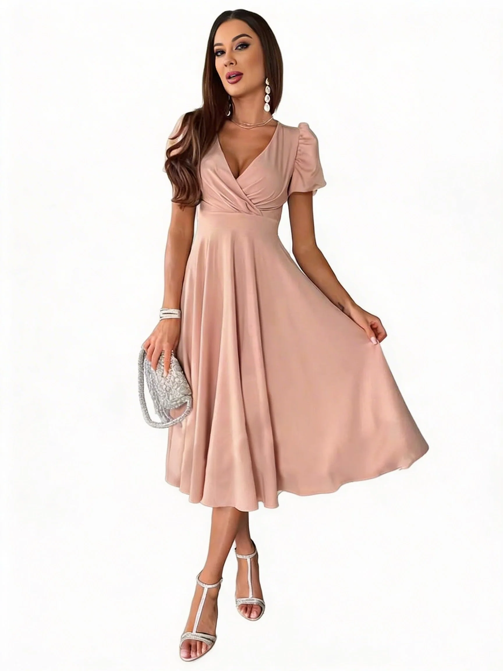 Robe midi femme a manches bouffantes - Elegante et evasee
