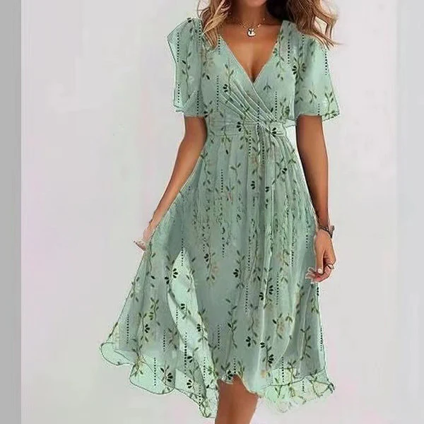 Robe Midi Femme Cache-Cœur à Fleurs – Style A-Line à Manches Courtes - Image 11