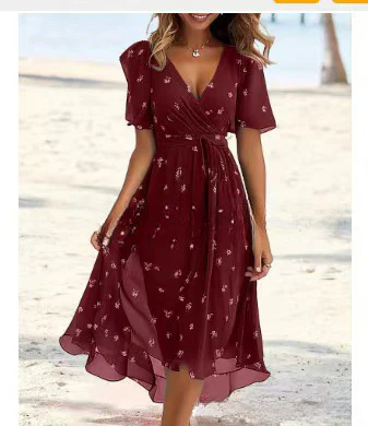 Robe Midi Femme Cache-Cœur à Fleurs – Style A-Line à Manches Courtes - Image 12