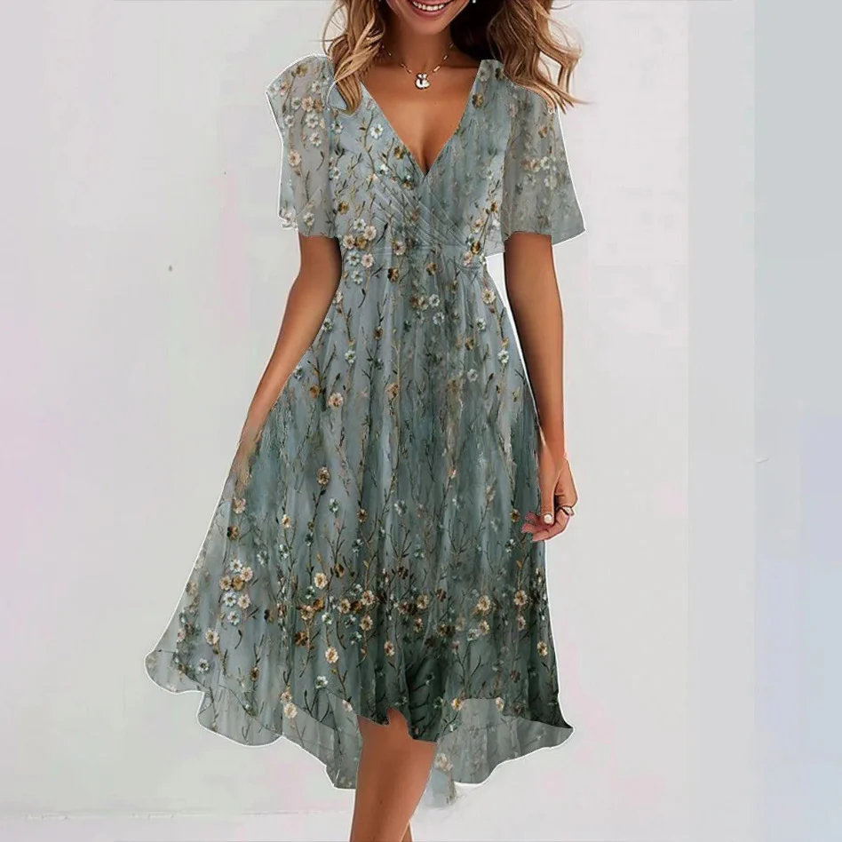 Robe Midi Femme Cache-Cœur à Fleurs – Style A-Line à Manches Courtes - Image 13