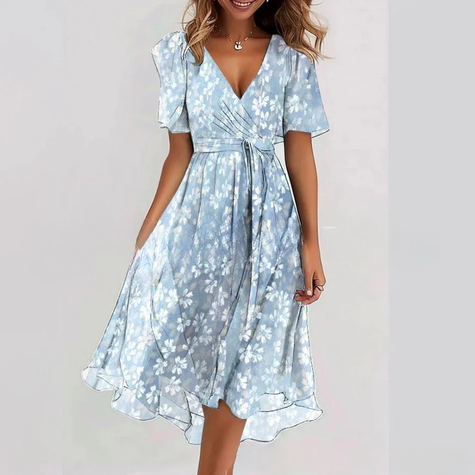 Robe Midi Femme Cache-Cœur à Fleurs – Style A-Line à Manches Courtes - Image 14