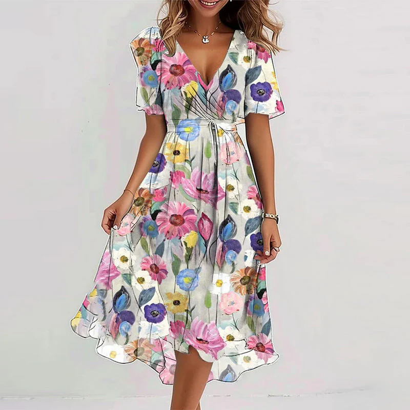 Robe Midi Femme Cache-Cœur à Fleurs – Style A-Line à Manches Courtes - Image 18
