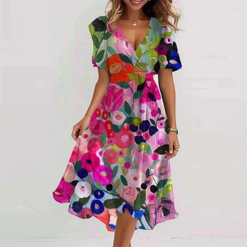 Robe Midi Femme Cache-Cœur à Fleurs – Style A-Line à Manches Courtes - Image 19