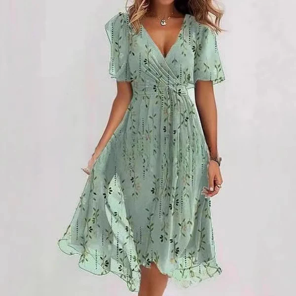 Robe Midi Femme Cache-Cœur à Fleurs – Style A-Line à Manches Courtes - Image 2