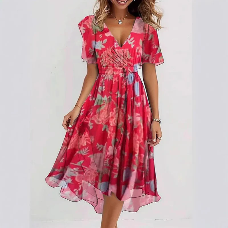 Robe Midi Femme Cache-Cœur à Fleurs – Style A-Line à Manches Courtes - Image 21