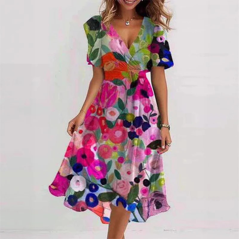 Robe Midi Femme Cache-Cœur à Fleurs – Style A-Line à Manches Courtes - Image 3