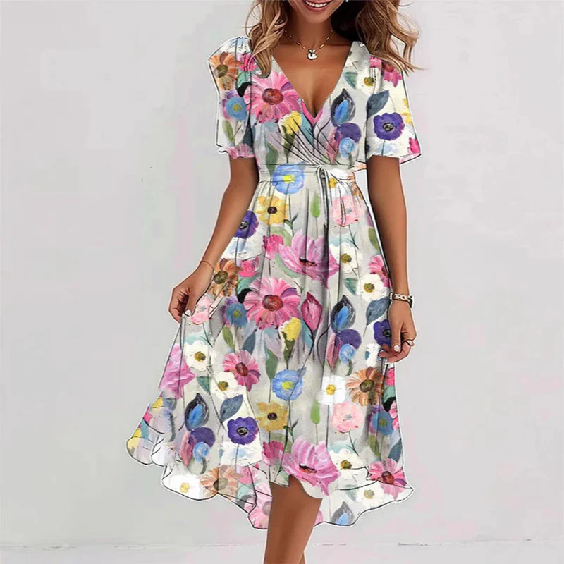 Robe Midi Femme Cache-Cœur à Fleurs – Style A-Line à Manches Courtes - Image 4