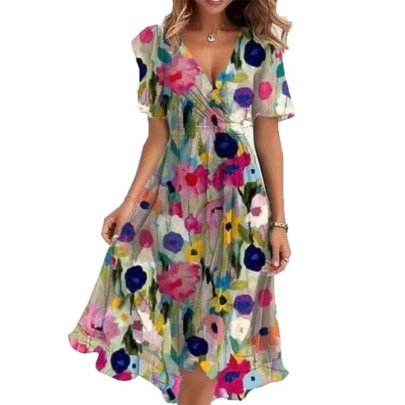 Robe Midi Femme Cache-Cœur à Fleurs – Style A-Line à Manches Courtes - Image 5