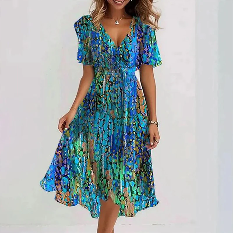 Robe Midi Femme Cache-Cœur à Fleurs – Style A-Line à Manches Courtes - Image 6