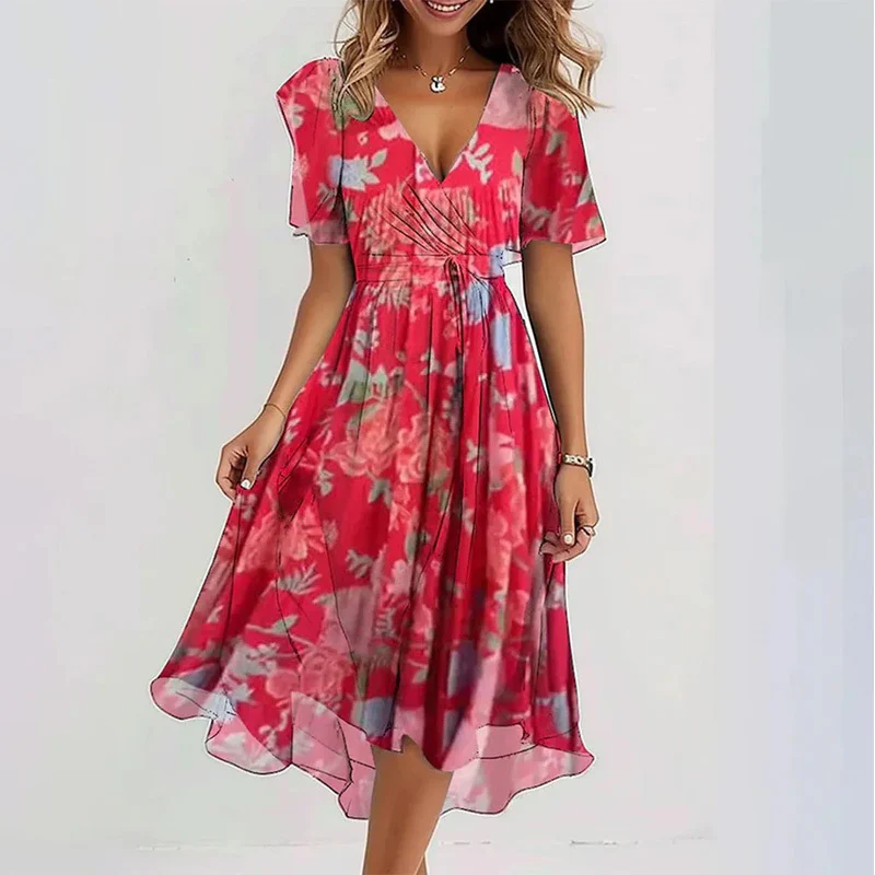 Robe Midi Femme Cache-Cœur à Fleurs – Style A-Line à Manches Courtes - Image 7